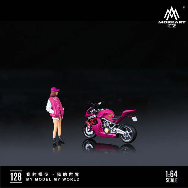 MoreArt1:64  KTM1190玫粉摩托靚女仿真樹脂模型-CASEZONE