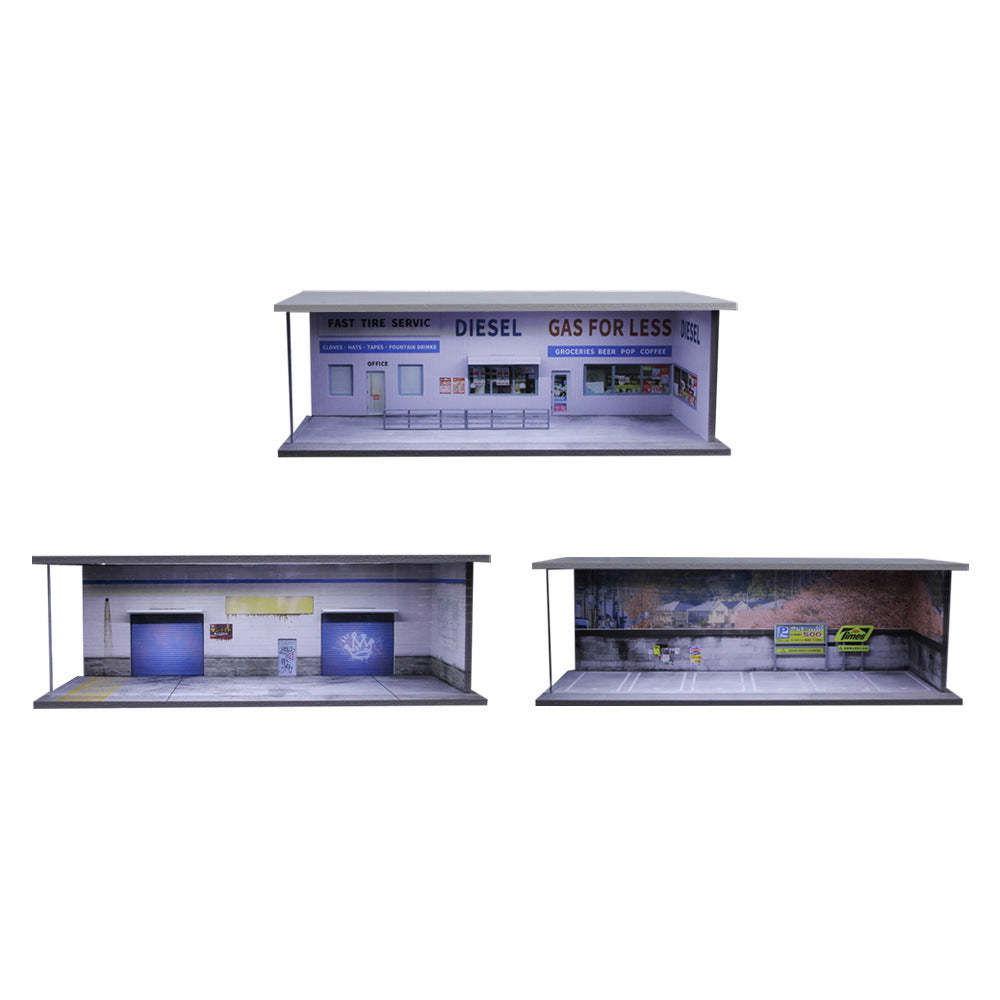 MoreArt1:64美式加油站 倉庫 櫻花停車場燈光版場景模型