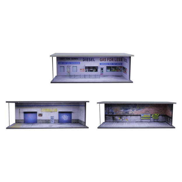 MoreArt1:64美式加油站 倉庫 櫻花停車場燈光版場景模型