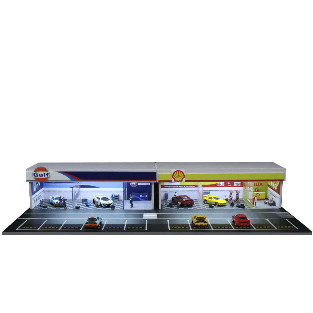 1:64 改裝店拼裝燈光版場景模型車模展示臺收藏