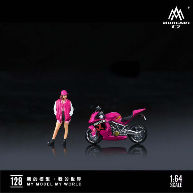 MoreArt1:64  KTM1190玫粉摩托靚女仿真樹脂模型-CASEZONE