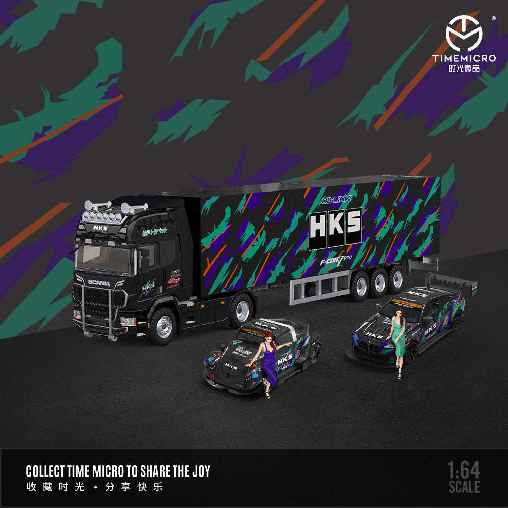 時光1:64 M4改裝款甲殼蟲斯堪尼亞貨櫃車HKS系列仿真合金車模型-CASEZONE