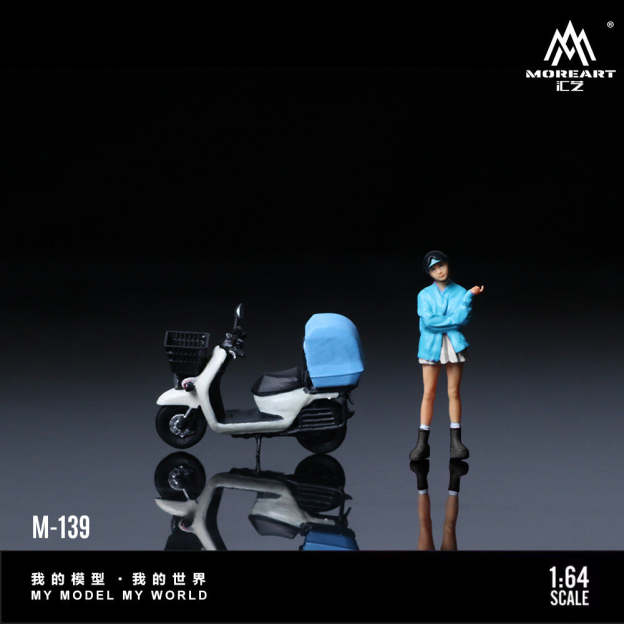 MoreArt1:64  白藍踏板金屬粉踏板摩托少女仿真樹脂模型-CASEZONE