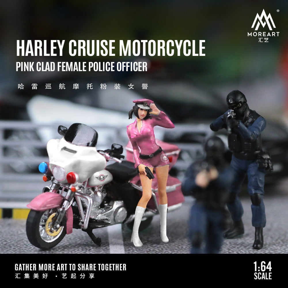 MoreArt 1:64 哈雷巡航摩托粉裝女警套裝仿真樹脂模型-CASEZONE