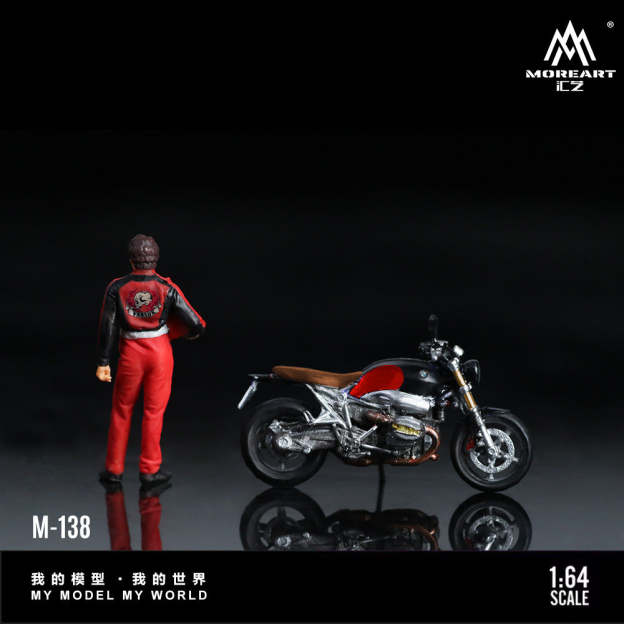 MoreArt1:64  寶馬R nineT黑紅摩托人偶仿真樹脂模型-CASEZONE