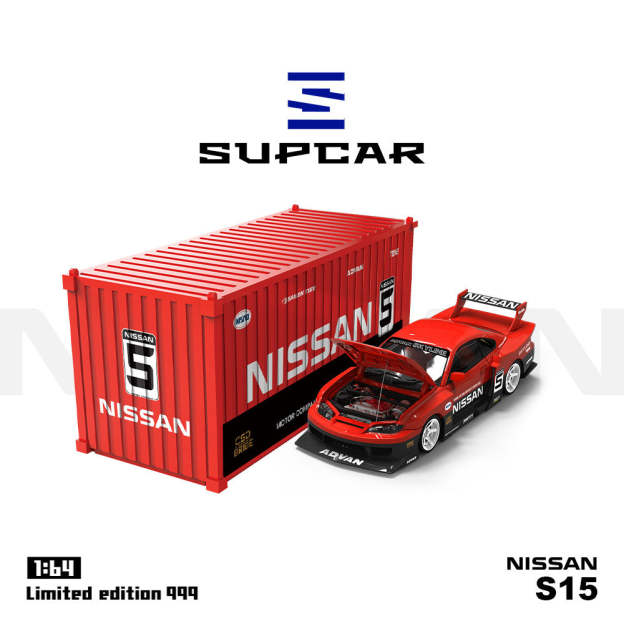 SUPCAR 1:64  S15前蓋可開紅黑系列集裝箱套裝 合金汽車模型-CASEZONE
