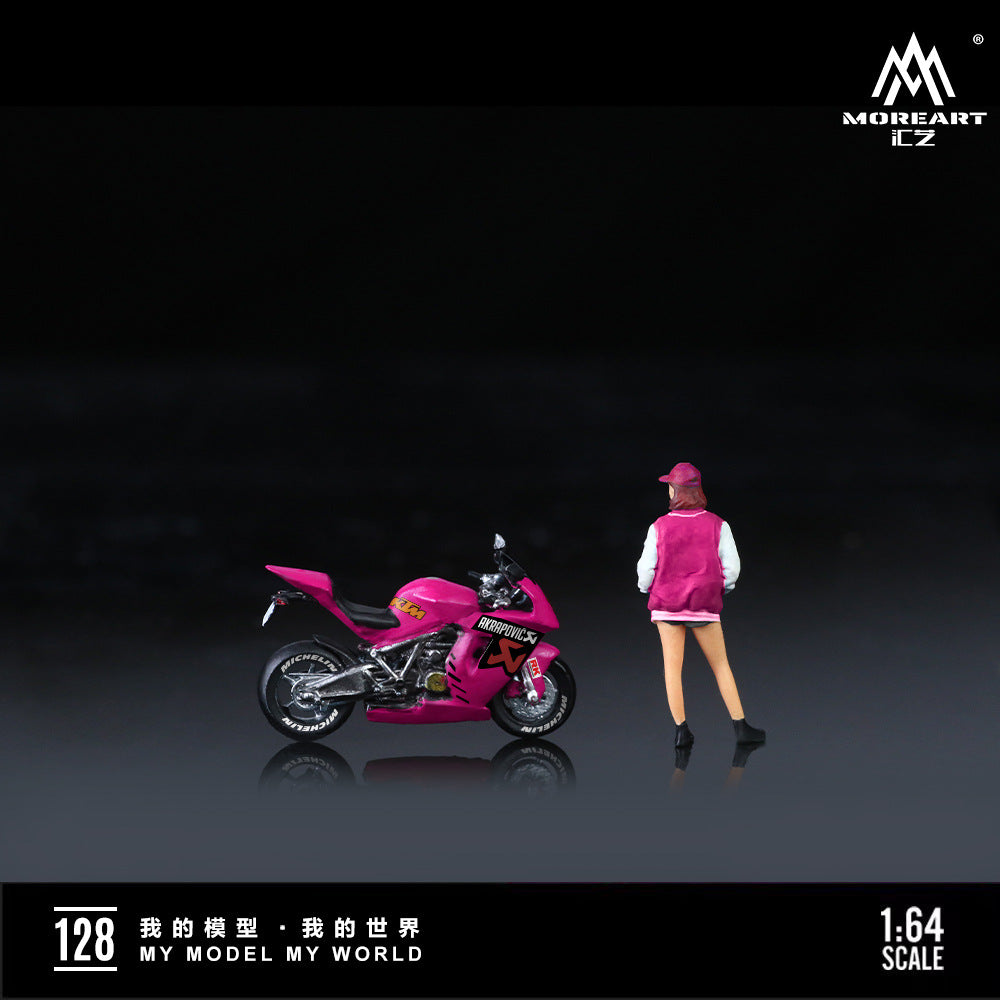 MoreArt1:64  KTM1190玫粉摩托靚女仿真樹脂模型-CASEZONE