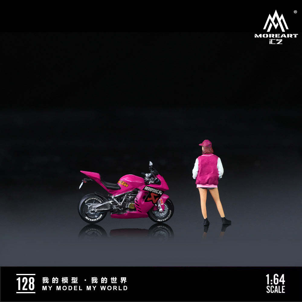 MoreArt1:64  KTM1190玫粉摩托靚女仿真樹脂模型-CASEZONE