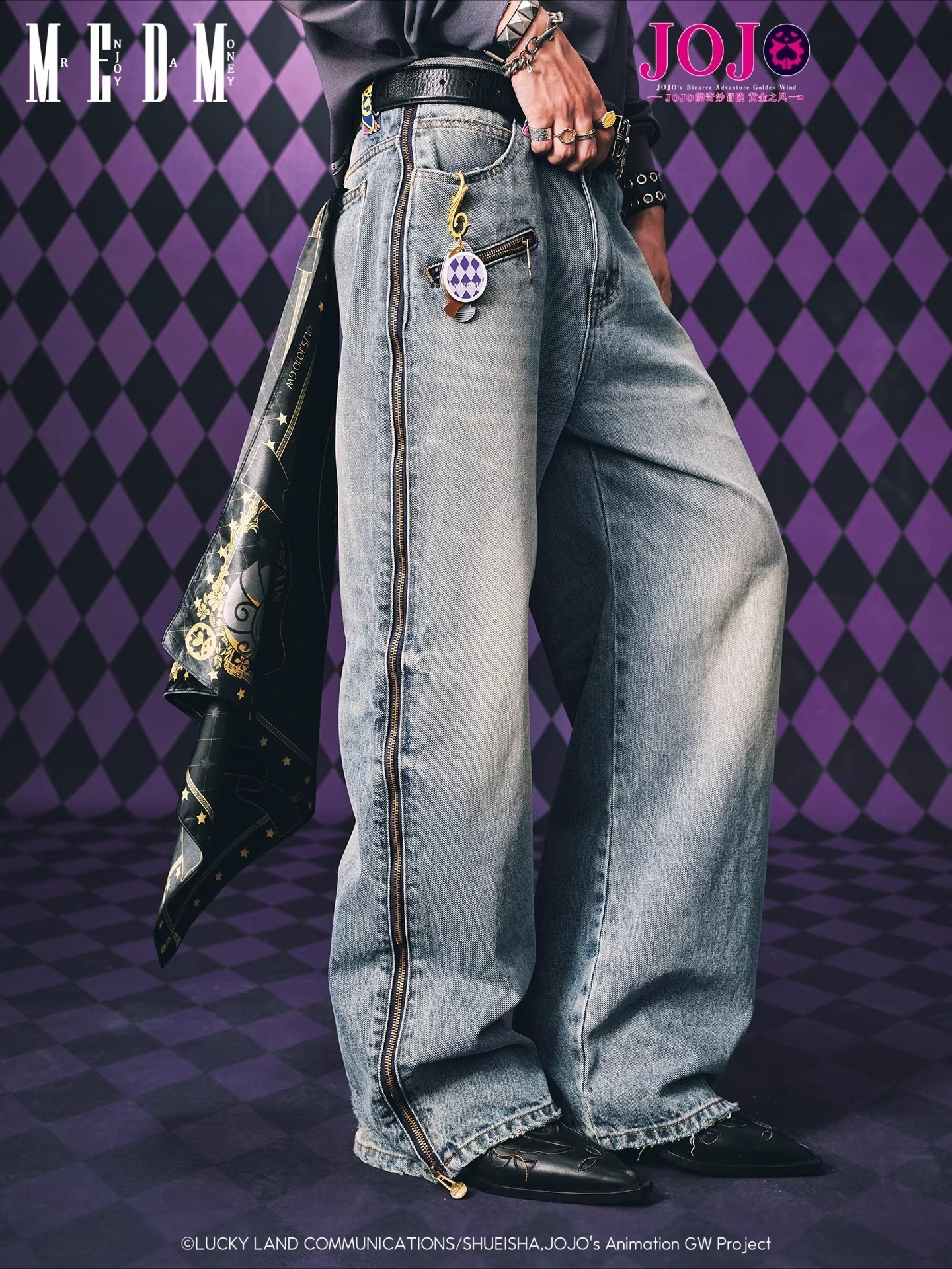 MEDMxJOJO的奇妙冒險聯名-拉鍊格紋水洗做舊休閒牛仔褲