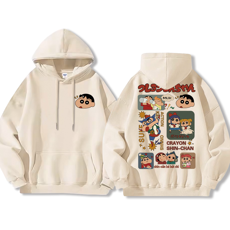蠟筆小新聯名衛衣2024秋冬新款親子情侶裝薄絨款連帽衛衣
