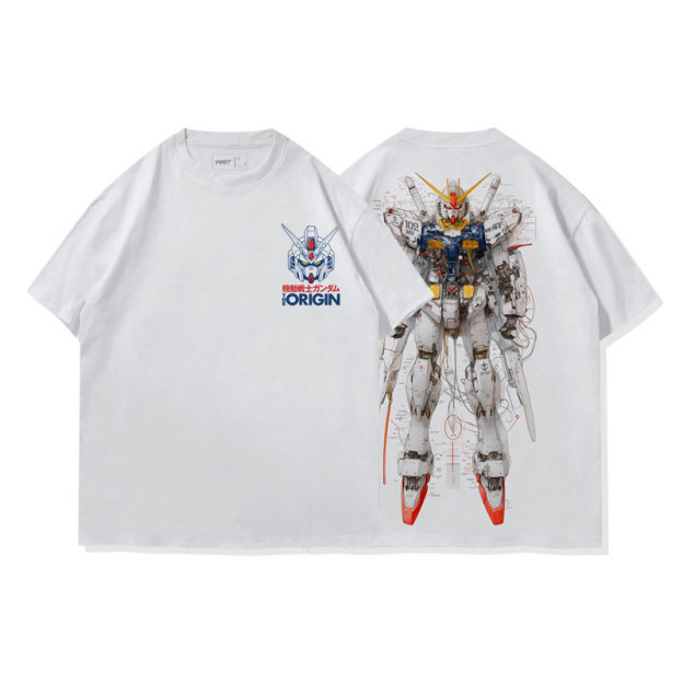 高達機械解剖圖水洗做舊 2026親子情侶男女同款 印花水洗短袖