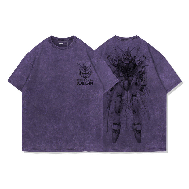 高達機械解剖圖水洗做舊 2026親子情侶男女同款 印花水洗短袖