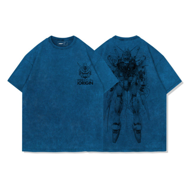 高達機械解剖圖水洗做舊 2026親子情侶男女同款 印花水洗短袖
