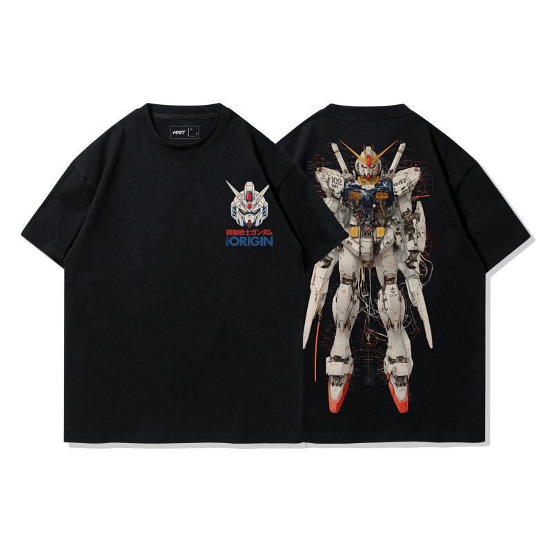 高達機械解剖圖水洗做舊 2026親子情侶男女同款 印花水洗短袖