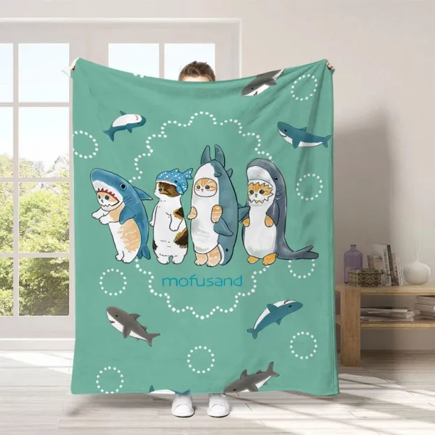 mofusand 貓福珊迪鯊魚貓毛毯｜法蘭絨沙發蓋毯・午休披肩