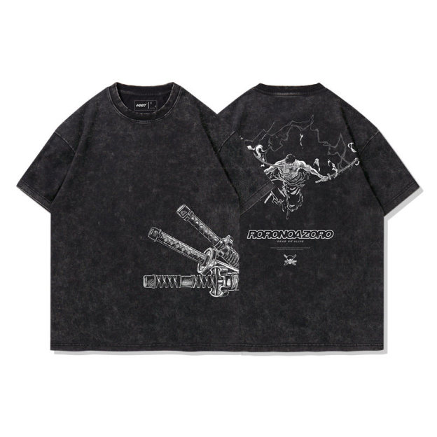 海賊王索隆拔刀水洗做舊 2026親子情侶男女同款 印花水洗短袖