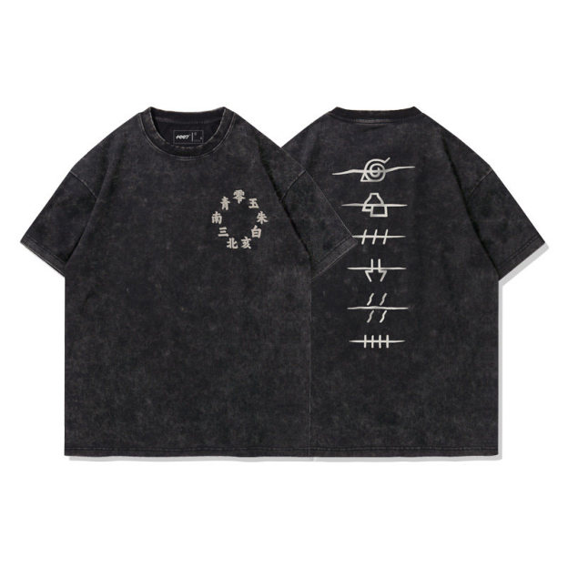 火影忍者曉組織水洗做舊 2026親子情侶男女同款 印花水洗短袖