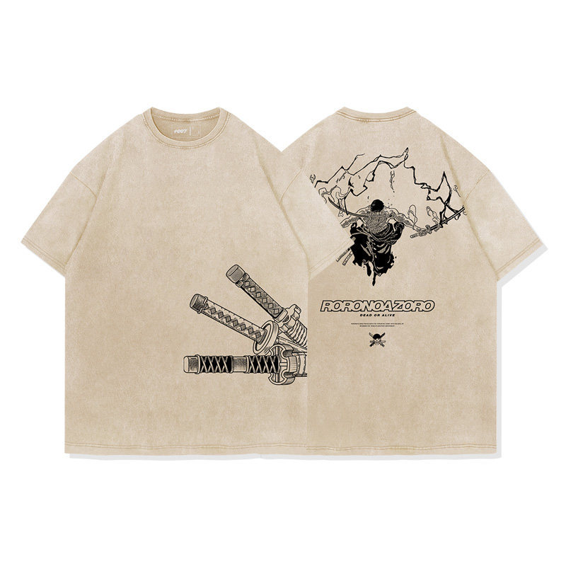 海賊王索隆拔刀水洗做舊 2026親子情侶男女同款 印花水洗短袖