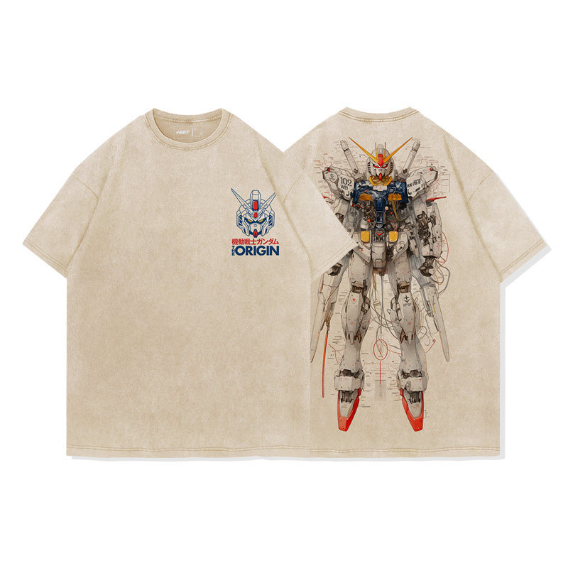 高達機械解剖圖水洗做舊 2026親子情侶男女同款 印花水洗短袖