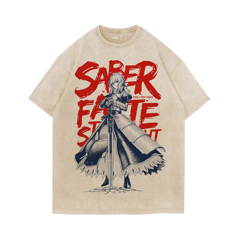 Fate吾王呆毛Saber水洗做舊 2026親子情侶男女同款 印花水洗短袖