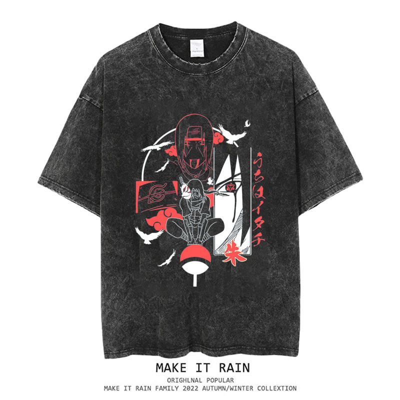 火影忍者水洗做舊 2026親子情侶男女同款 印花水洗短袖