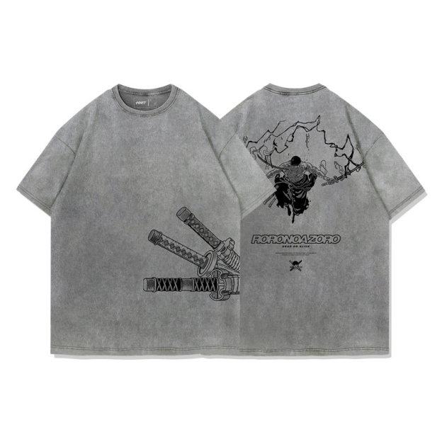 海賊王索隆拔刀水洗做舊 2026親子情侶男女同款 印花水洗短袖
