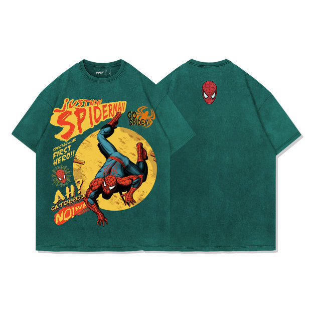 蜘蛛俠 水洗做舊 2026親子情侶男女同款 印花水洗短袖