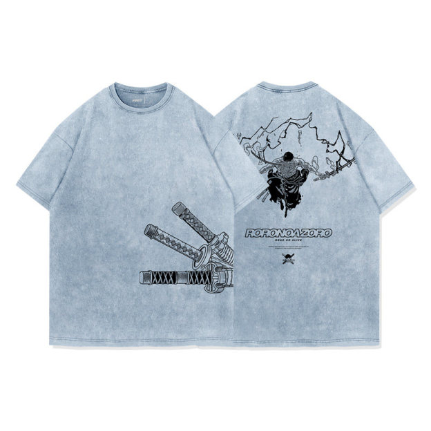 海賊王索隆拔刀水洗做舊 2026親子情侶男女同款 印花水洗短袖