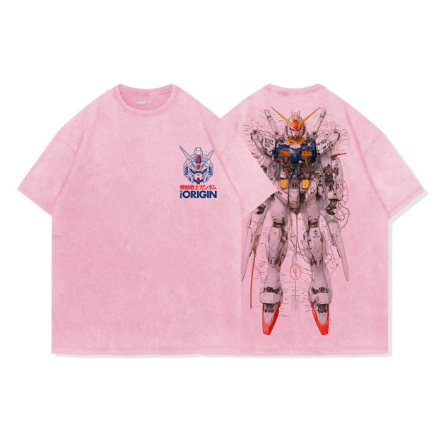 高達機械解剖圖水洗做舊 2026親子情侶男女同款 印花水洗短袖