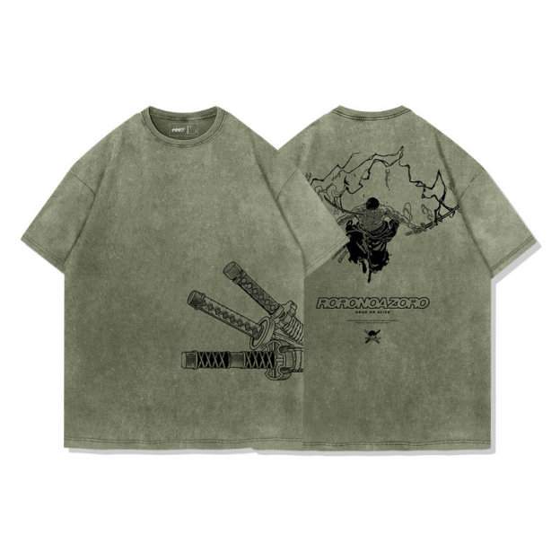 海賊王索隆拔刀水洗做舊 2026親子情侶男女同款 印花水洗短袖