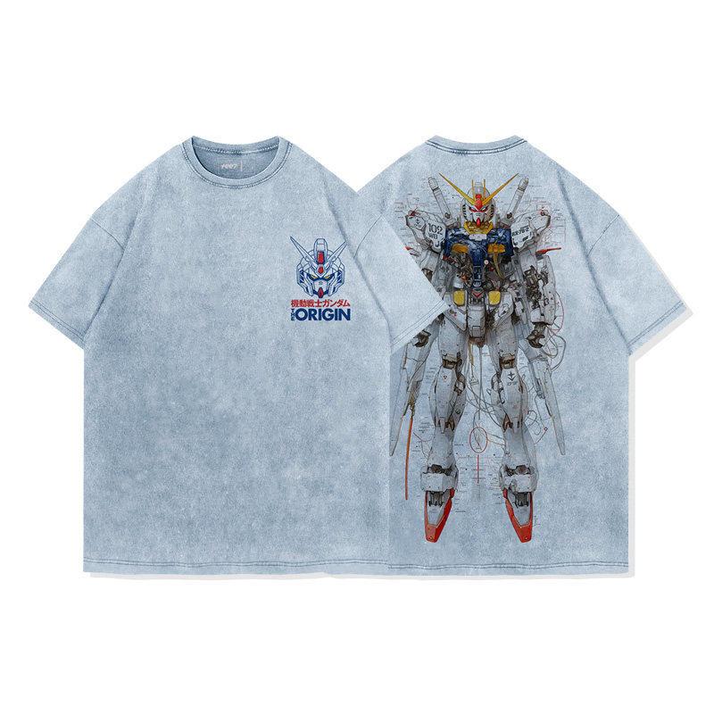 高達機械解剖圖水洗做舊 2026親子情侶男女同款 印花水洗短袖