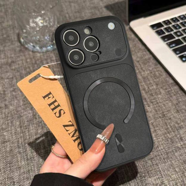 IPhone系列 輕奢極光圈大視窗牛仔布紋Magsafe磁吸手機殼