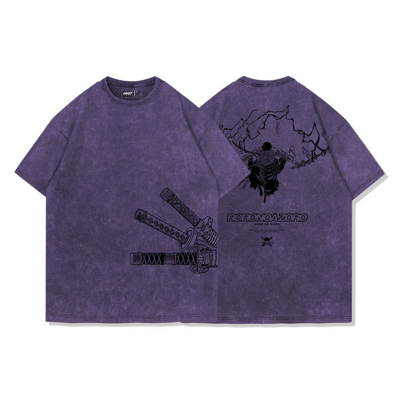 海賊王索隆拔刀水洗做舊 2026親子情侶男女同款 印花水洗短袖