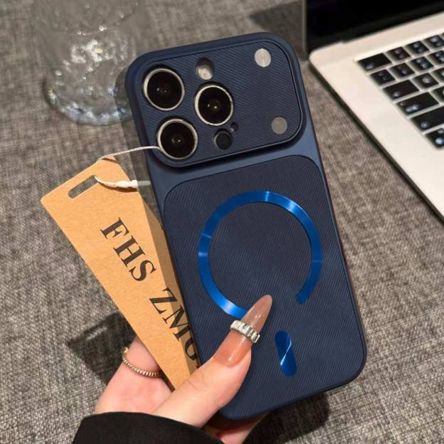 IPhone系列 輕奢極光圈大視窗牛仔布紋Magsafe磁吸手機殼