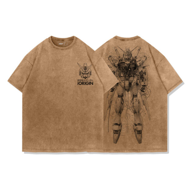 高達機械解剖圖水洗做舊 2026親子情侶男女同款 印花水洗短袖