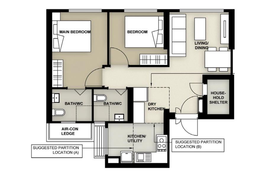 Illustrative 3-room BTO floor plan