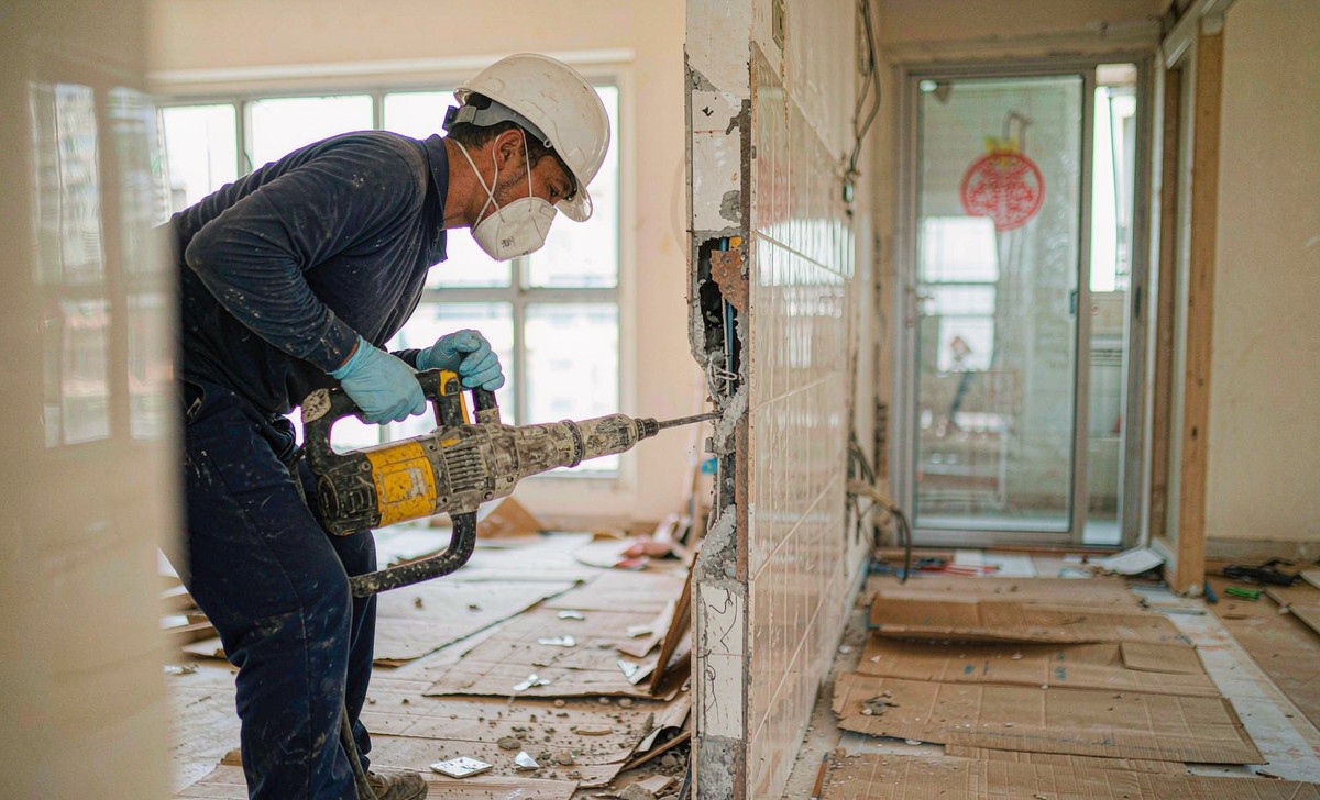 Worker hacking down a tiled partition wall during renovation