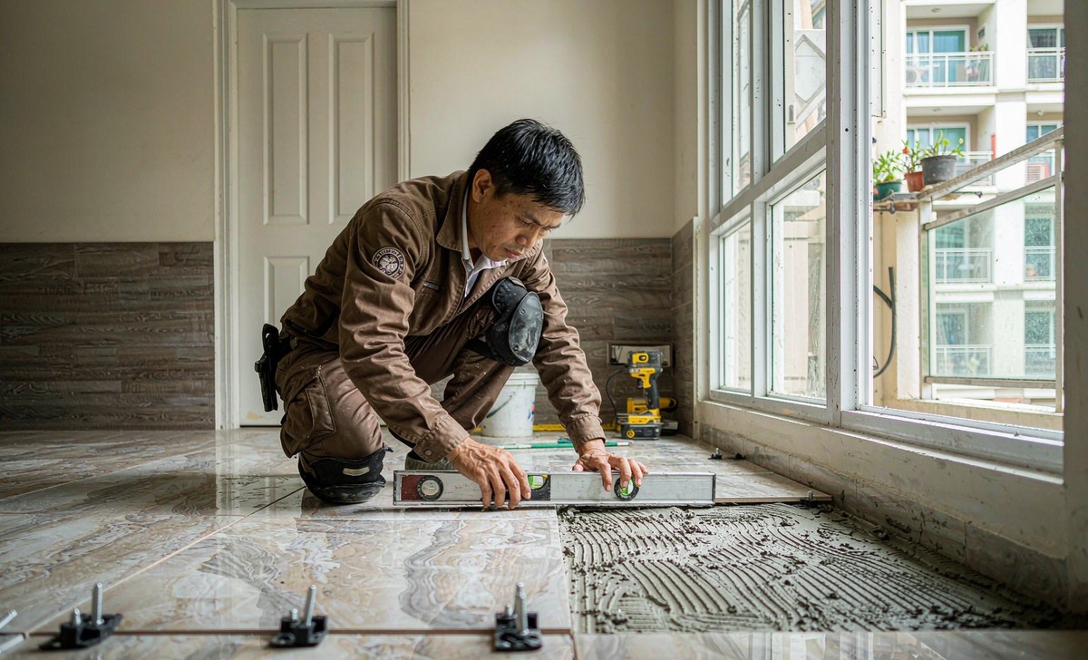 Tiler levelling large-format porcelain floor tiles with a spirit level