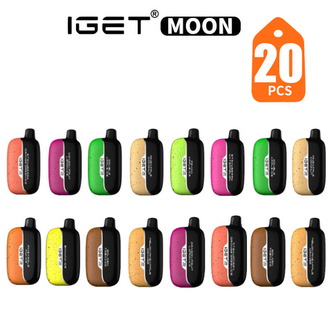 Box of IGET Moon vapes featuring ergonomic, trendy cobblestone design.