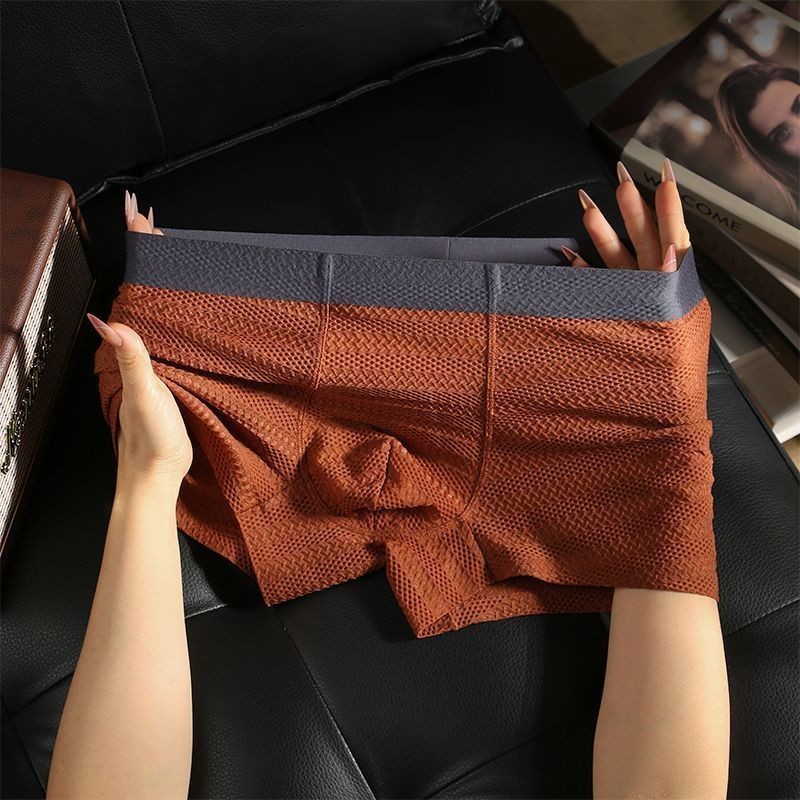 Men Ice Silk Underwear Summer Seamless Mesh Breathable Thin Boxer