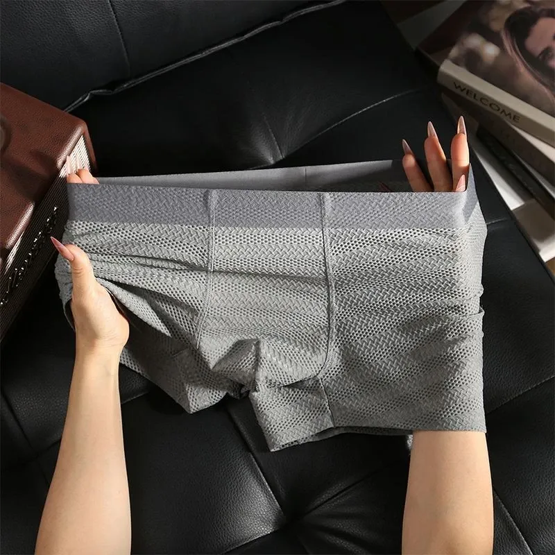 Men Ice Silk Underwear Summer Seamless Mesh Breathable Thin Boxer