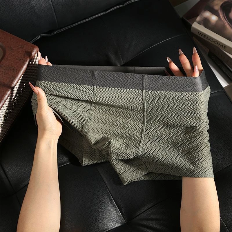 Men Ice Silk Underwear Summer Seamless Mesh Breathable Thin Boxer