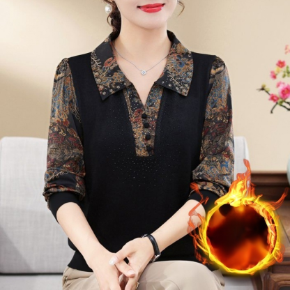 เสื้อเชิ้ตพิมพ์ลายวินเทจฤดูใบไม้ร่วงและฤดูหนาว ทรงหลวมคอปก