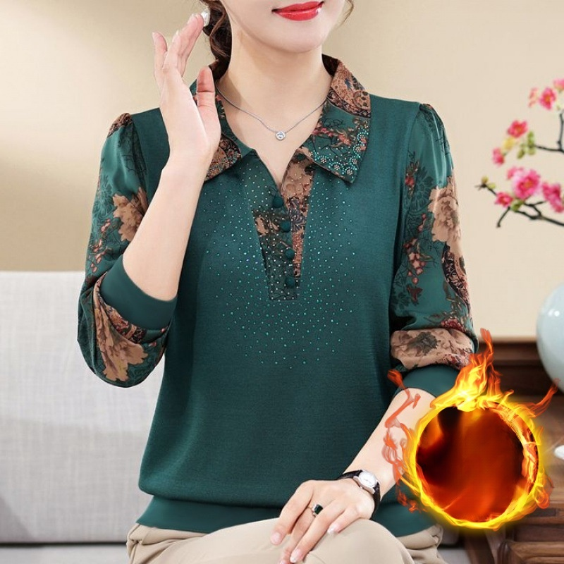 เสื้อเชิ้ตพิมพ์ลายวินเทจฤดูใบไม้ร่วงและฤดูหนาว ทรงหลวมคอปก