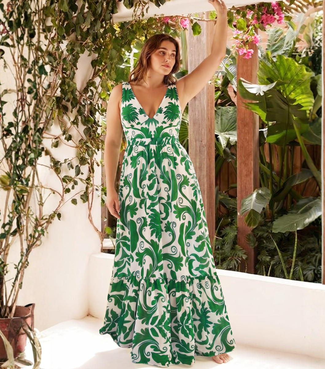Plus Size V Neck Green Printed Knotted at Waist Tummy Control One piece Swimsuit and Skirts or Pants