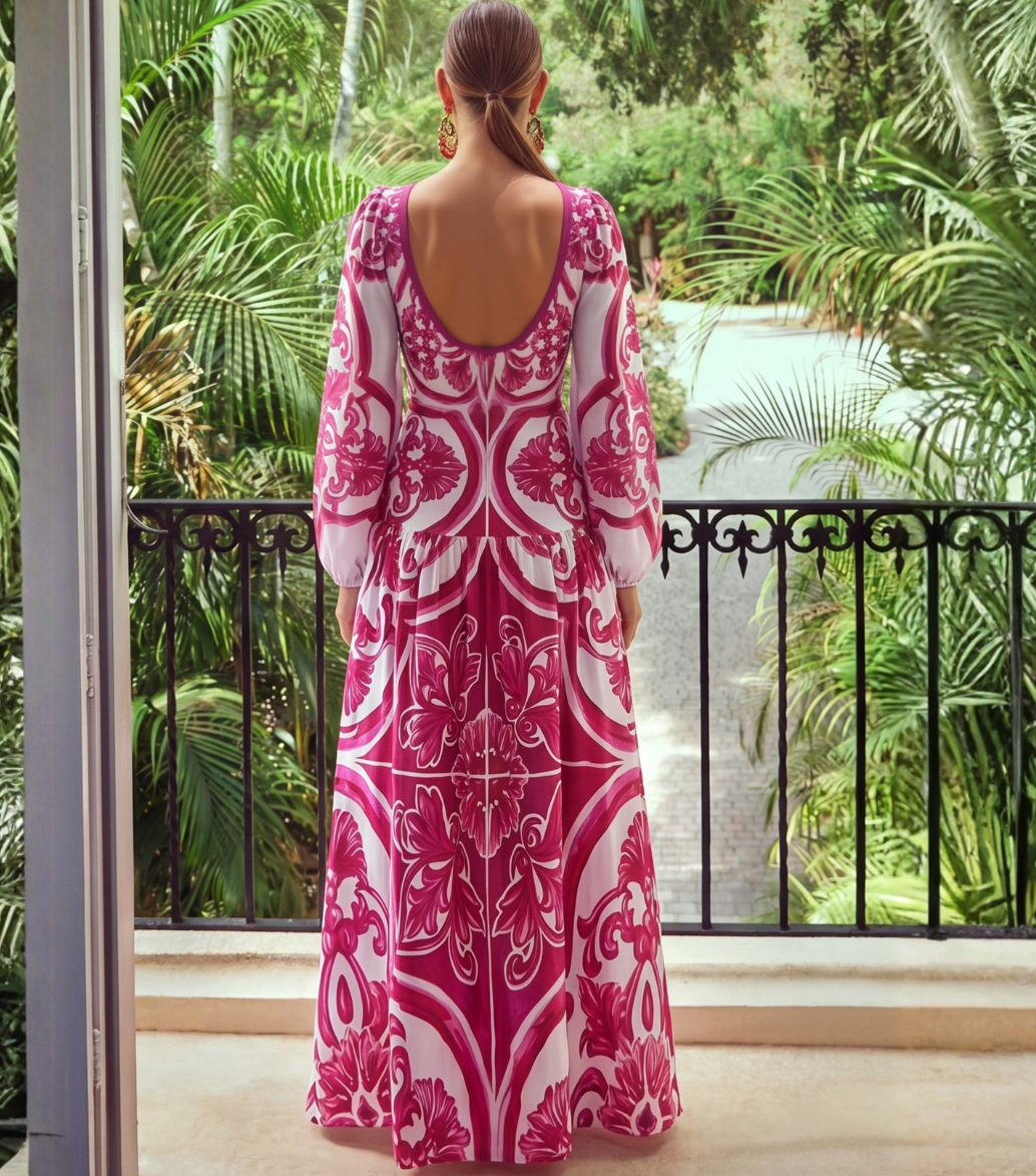 Long-Sleeved Classic Majolica Series Pattern Print One Piece Swimsuit and Skirt or Shorts