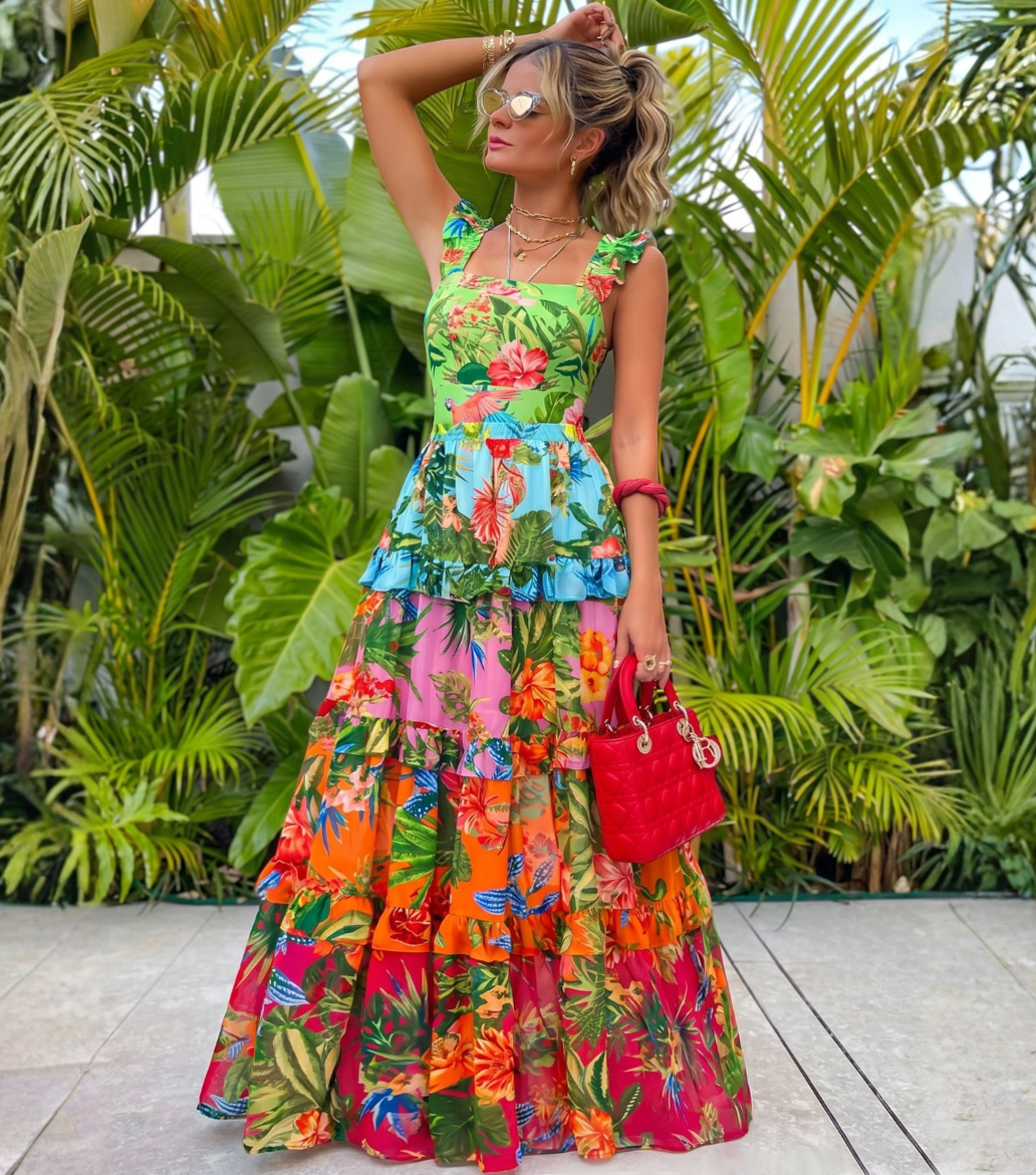 Plus Size Sling Ruffle Printed One Piece Swimsuit and Skirt