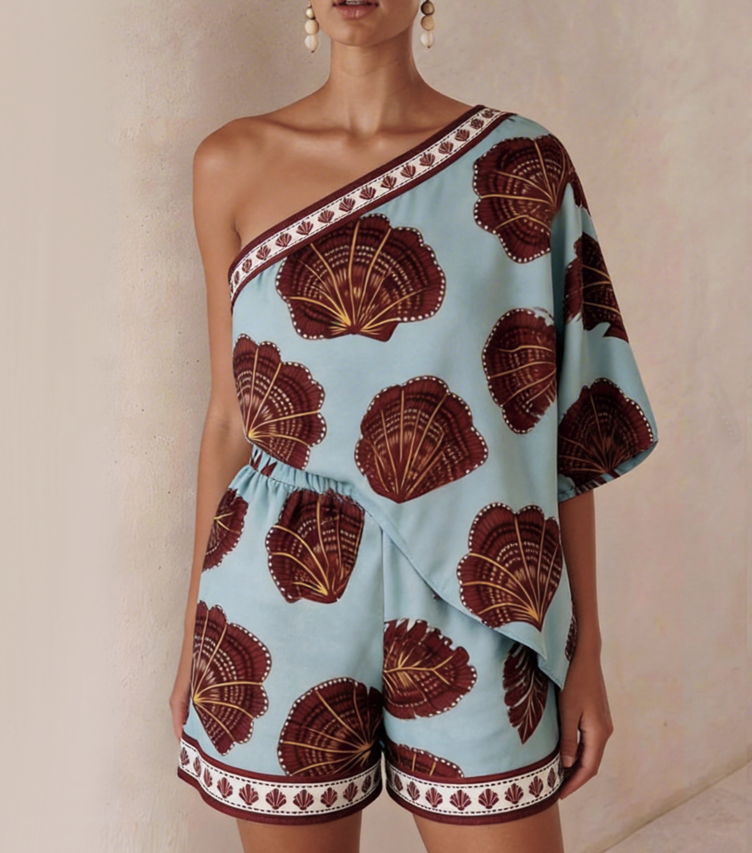 Shell Print Asymmetric Shoulder Two-Piece