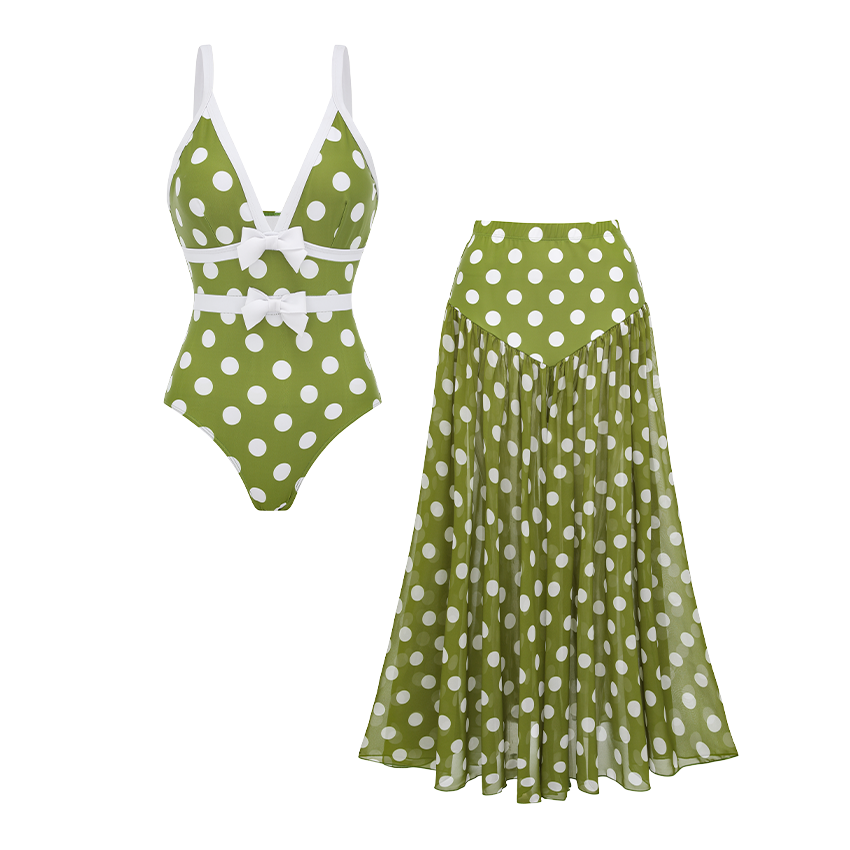 V Neck Bowknot Polka Dot Print Swimsuit Set(s)