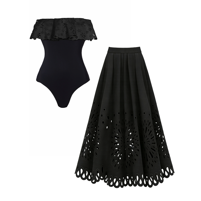 Black Laser Cutting Flower Hollow Swimsuit Set(s)